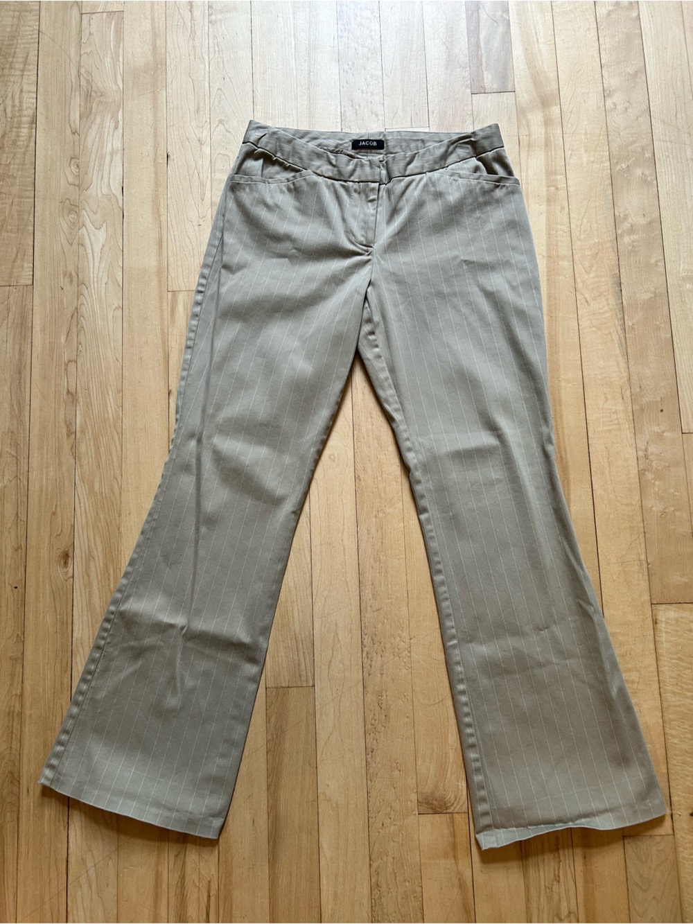 Beige Pinstripe Flared Low Rise Trousers